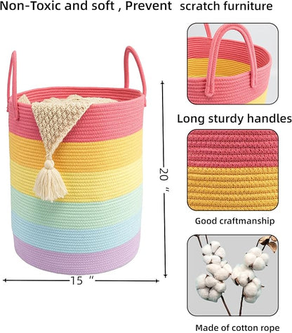 Woven Cotton Rope Laundry basket-15”X20” Laundry Hamper-Rope Storage Basket for Dirty Clothes, Toys and Blankets Perfect for Bathroom, Baby nursery and Living Room Storage (rainbow)