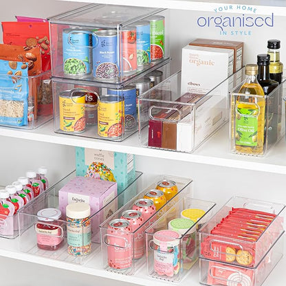 Plastic Food Storage 2 Pack Clear Container Bin with Handles for Organizing Kitchen, Pantry, Refrigerator, Freezer, Pantry, Cabinet, Closet, Bathroom. 16”x4”x5”
