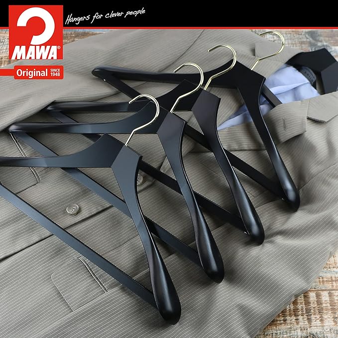 MAWA by Reston Lloyd, European Wooden Hanger, Beech Wood Body Form Hanger with Wide Supportive Shoulders, Rotating Gold Hook, Black Finish, for Shirts, Blazers, Pants, Dress Clothes Hanger, Set of 2
