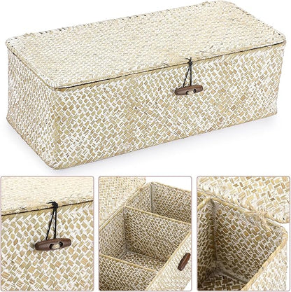 Hipiwe Seagrass Storage Basket Bin 3 Sections Hand-Woven Wicker Baskets with Lid Bathroom Basket Toilet Tank Baskets Holder for Organize Snack Tissue, Whitewash