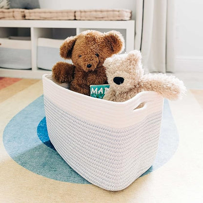 Blue Cotton Rope Baskets for Shelves, Set of 3-15"×10"×9½" - Colorful Storage Baskets for Kids - Nursery, Playroom, Classroom - Toy Storage, Books, Towels
