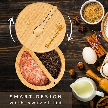 Premium Bamboo Salt Cellar with 2 Compartment Swivel Magnetic Lid - 100% Handmade, Elegant Salt & Spices Storage Box and Multi-Use Container with Mini Spoon.