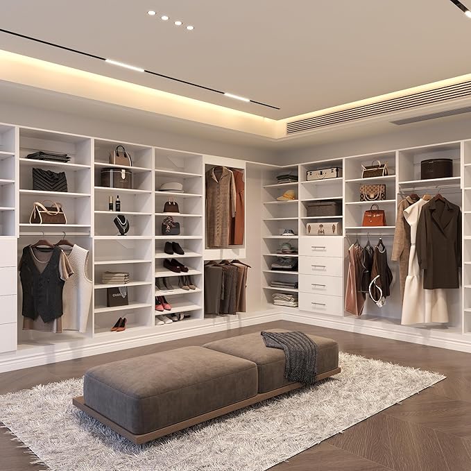 Modular Closet System, 66" Wide Closet Organizer System with Hanging and Drawers, Wood Tower Closet Storage for Walk In Closets, Wall Mounted Wardrobe Organizer Kit System, Bedroom, White