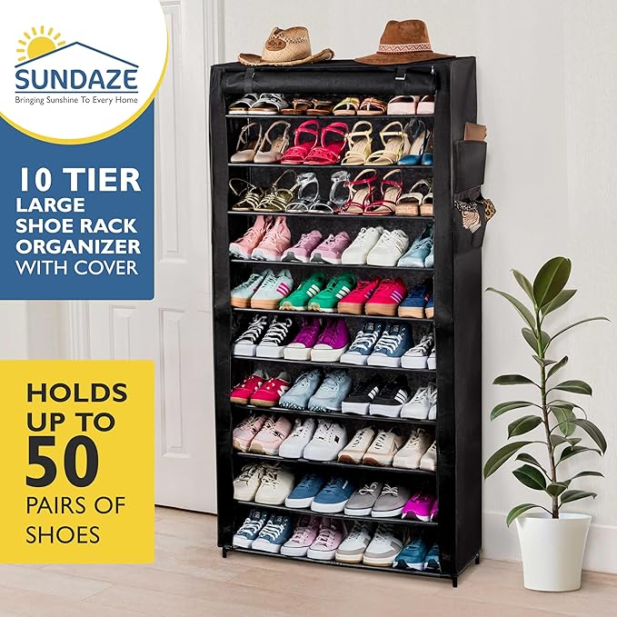 Sundaze Shoe Rack with Cover - 10 Tier Shoe Rack for Front Door Entrance, Sturdy Tall Shoe Organizer for Bedroom, Closet, Garage, Non Woven Fabric Shelf, Black, Holds Up to 50 Pairs