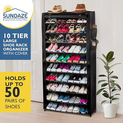 Sundaze Shoe Rack with Cover - 10 Tier Shoe Rack for Front Door Entrance, Sturdy Tall Shoe Organizer for Bedroom, Closet, Garage, Non Woven Fabric Shelf, Black, Holds Up to 50 Pairs