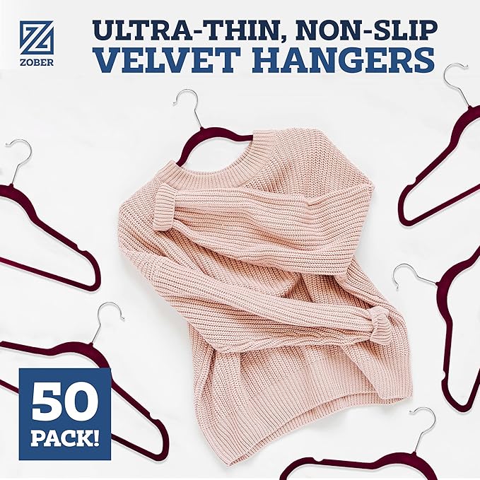 Zober Premium Quality Space Saving Luxurious Velvet Hangers Strong and Durable Hold Up to 10 Lbs - 360 Degree Chrome Swivel Hook - Ultra Thin Non Slip Suit Hangers, Royal Red/Burgundy - 50 Pack