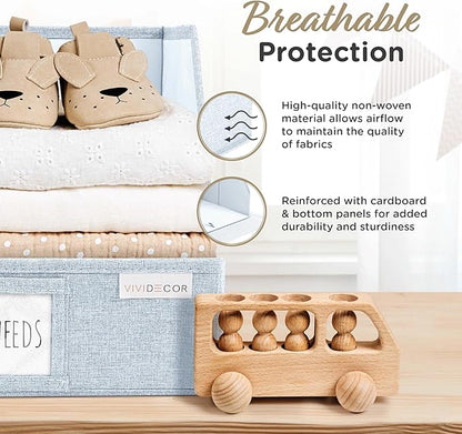VIVIDECOR Open Front Trapezoid Closet Bins 12x12x10 – Easy Access Shelf Organizer for Folded Clothes, Fabric Storage Baskets for Sweaters, Towels, Linen – Light Blue, 3 Pack