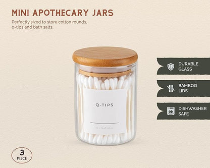 Vase and Vessel Mini Glass Apothecary Jars with Bamboo Lids, Small Bathroom and Kitchen Storage Containers, For Cotton Balls, Pads and Swabs, 10 oz, Set of 3 (Clear)