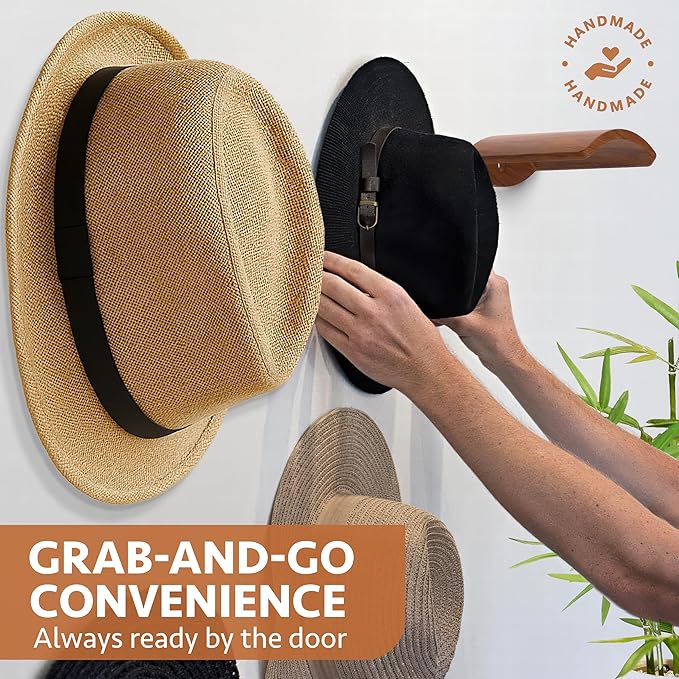 Cowboy Hat Hooks for Wall – Set of 2 Wooden Hat Holder Rack for Fedora, Western, Baseball & Sun Hats – Rustic Red Sandalwood Hooks for Home, Closet, Entryway, Cabin Hat Rack