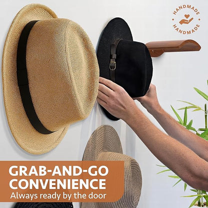 Cowboy Hat Hooks for Wall – Set of 2 Wooden Hat Holder Rack for Fedora, Western, Baseball & Sun Hats – Rustic Red Sandalwood Hooks for Home, Closet, Entryway, Cabin Hat Rack