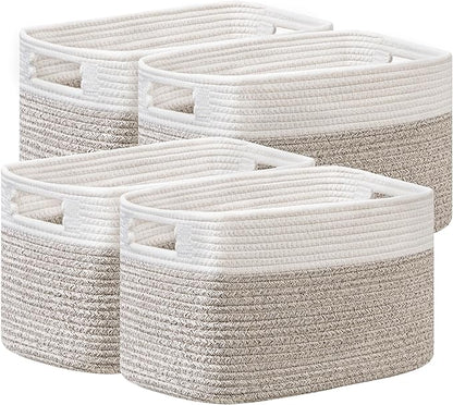 UBBCARE 4 Pack Storage Baskets for Organizing, Shelf Baskets with Handles, Woven Storage Baskets for Bookcase/Cube Shelf/Closet, 14.5"L x 9.8"W x 9"H, White&Light Brown