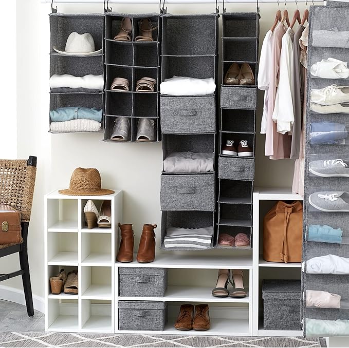 Household Essentials 3 Shelf Hanging Closet Organizer, Hanging Shelf with Hooks, Poly Linen and PEVA Shelving