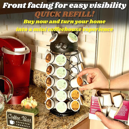 Made Easy Kit Carousel 360 Coffee Pod Holder, Compatible with Keurig K-Pods K-Cups, Countertop Rack Storage Organizer, Metal Home and Kitchen Decor, Capsule Café Station Bar (Small, Black Cat)