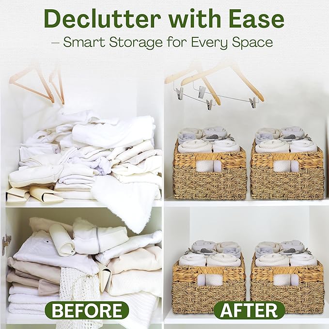 Medium Wicker Storage Baskets with Handles, Natural Seagrass and Hyacinth Woven Storage Basket for Organizing Shelves, Bedroom, Pantry, Rectangular, 15.5 x 9.5 x 6.5 Inches