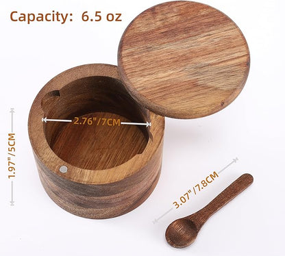 Acacia Wood Salt and Pepper Bowl, Nature Wood Salt Cellar and Spices Storage Box With Built-in Spoon and Magnetic Swivel Lid (Single Compartment 6.5 oz)