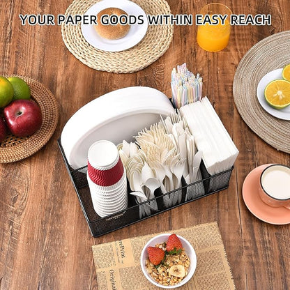 VIKEYHOME Paper Plate Organizer for Countertop, Metal Silverware Caddy with 6 Compartments for Cup, Napkin, Utensil Holder Caddy for Party, Camping, Picnic