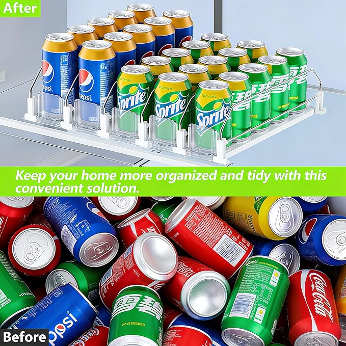 White Fridge Organizer, Automatic Can Dispenser & Drink Rack - Holds up to 25 Cans (12oz/16oz/20oz), Adjustable Gliding Soda & Beer Organizer for Refrigerator - Space Saving Kitchen Storage