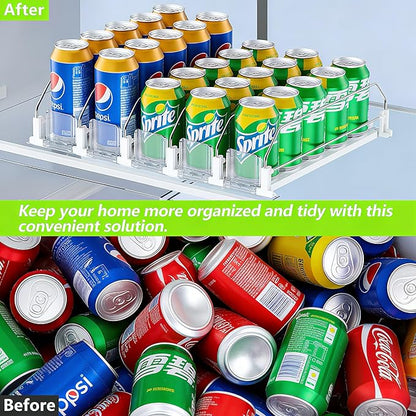 White Fridge Organizer, Automatic Can Dispenser & Drink Rack - Holds up to 25 Cans (12oz/16oz/20oz), Adjustable Gliding Soda & Beer Organizer for Refrigerator - Space Saving Kitchen Storage