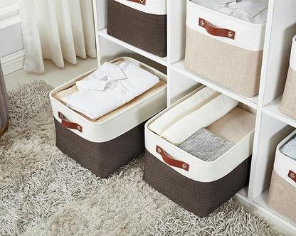 DECOMOMO Storage Bins, Large Fabric Storage Baskets for Shelves, Decorative Linen Closet Organizer, 15 x 11 x 9.5 inches (Brown & White, 4 Pack)