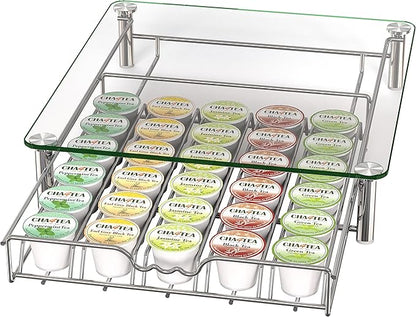 Deco Brothers Crystal Tempered Glass K-Cup Holder Drawer for 30 Coffee Pods Storage, Chrome