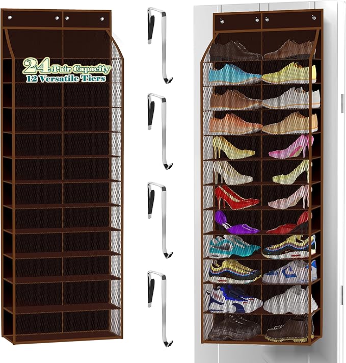 Kotkn 24-Pair Over Door Shoe Organizer for Family & Kids, Double Sided | Hanging Storage for Sneakers, Boots, Toys & Room Organization-Pearl Whitet-Walnut Brown