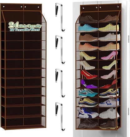 Kotkn 24-Pair Over Door Shoe Organizer for Family & Kids, Double Sided | Hanging Storage for Sneakers, Boots, Toys & Room Organization-Pearl Whitet-Walnut Brown