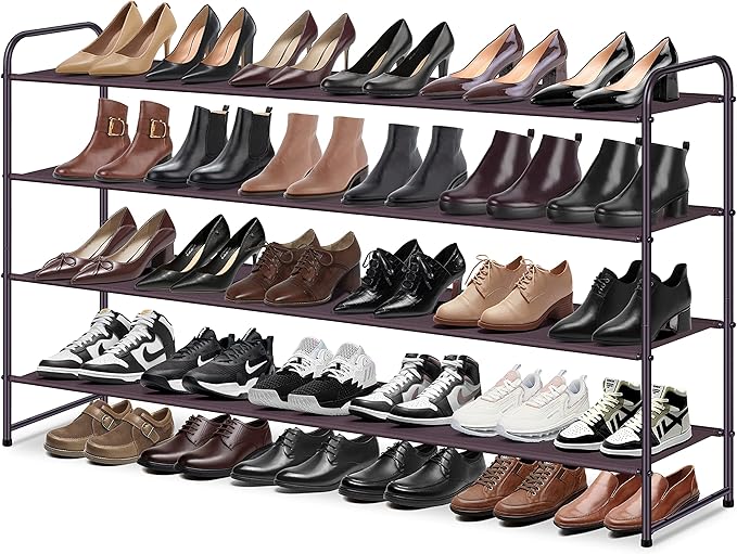 MISSLO 4 Tier Long Shoe Organizer for Closet Shoe Rack for Bedroom Closet Floor Shoe Shelf for Entryway Storage Stackable Wide Shoe Shelf Stores 30 Pairs of Men Sneakers, Brown