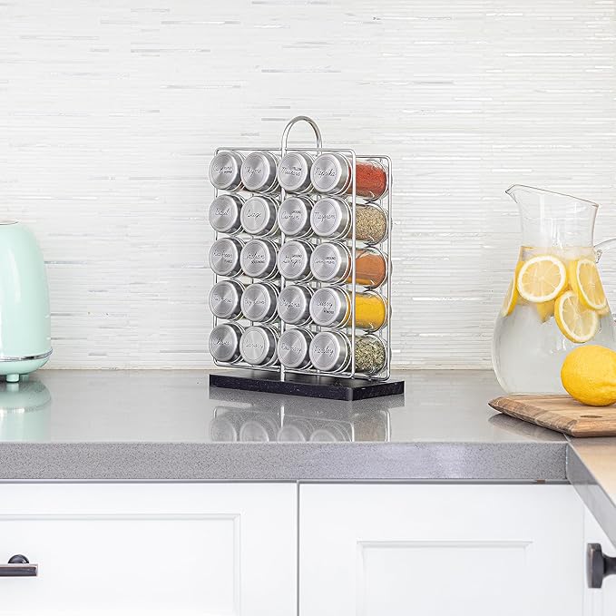 Orii 20 Jar Spice Rack Stainless Steel with Spices Included - Standing Rack Shelf Holder & Countertop Spice Rack Tower Organizer for Kitchen Spices
