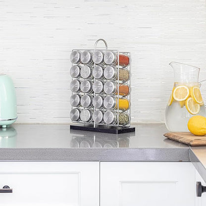 Orii 20 Jar Spice Rack Stainless Steel with Spices Included - Standing Rack Shelf Holder & Countertop Spice Rack Tower Organizer for Kitchen Spices