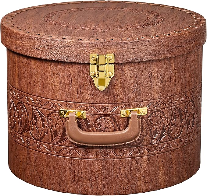 Creative Scents Large Hat Box for Men & Women Storage- Round Hat Box Container Easy Travel with Gold locking Lid and Sturdy Handle Great for Carrying & Protecting Round Hats and Caps. (Brown)