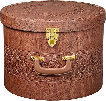 Creative Scents Large Hat Box for Men & Women Storage- Round Hat Box Container Easy Travel with Gold locking Lid and Sturdy Handle Great for Carrying & Protecting Round Hats and Caps. (Brown)