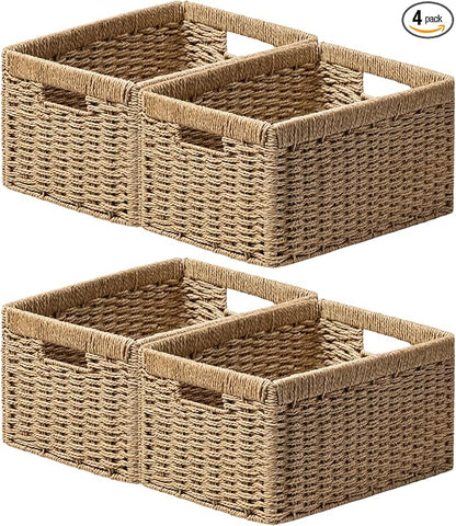 joybest Medium Wicker Baskets for Shelves, 13.4L x 8.3W x 7.1H inch Hand-woven Storage Baskets for Pantry Organizing, Foldable Rectangular Bin with Handles, 4-pack, Natural