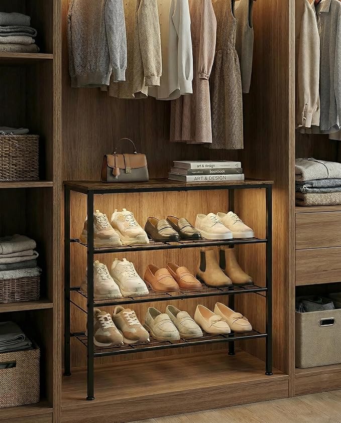 4-Tier Shoe Rack for Entryway, Bedroom & Living Room – Sturdy Shoe Storage Organizer with Adjustable Leveling Feet, Compact Design (26.9”x11.8”x25.1”), Rustic Brown