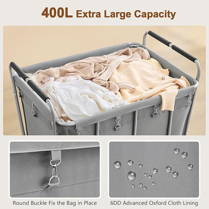 Hoctieon Large Laundry Cart with Wheels, 400L Heavy Duty Laundry Basket Organizer, Rolling Hamper Sorter for Clothes Storage, Industrial Dirty Clothes Hamper for Home & Hotel, Gray