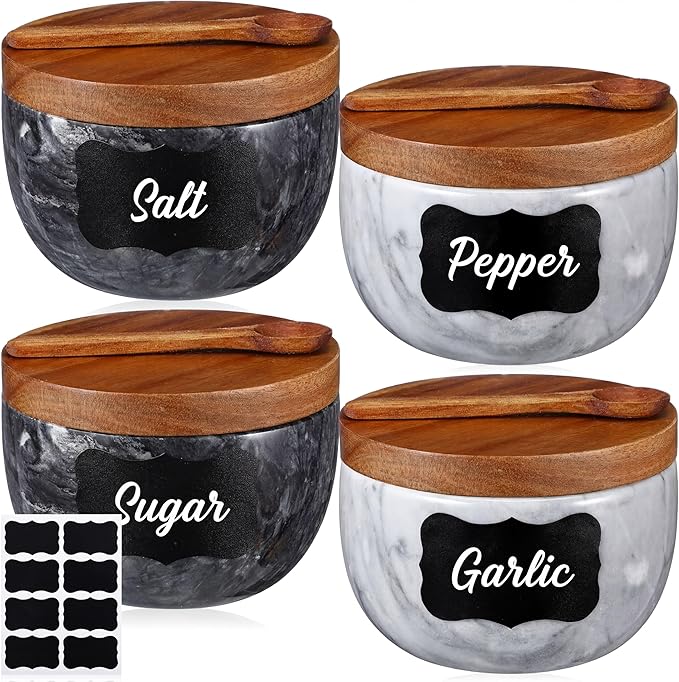 Marble Salt Cellar Set of 4 with Lid and Spoon, Natural Marble Spice Container Bowls with Acacia Wood Lids for Pepper Sugar Seasoning Storage, Kitchen Counter Pinch Bowl Set