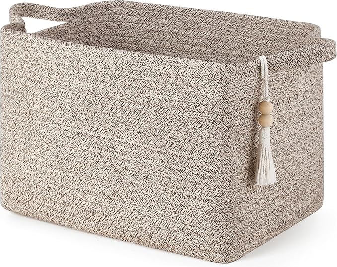 Mkono Woven Storage Basket, Cube Cotton Rope Basket for Shelves, Clothes, Toys, Towels, Books, Rectangle Bin with Handles for Organizing, Decorative Gift, 13'' x 10'' x 9'', Brown (1 Pack)