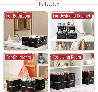 BAMBOO LAND- Plastic Storage Baskets with Bamboo Lid, 6 pcs, Black Small Pantry Storage Baskets with Lids