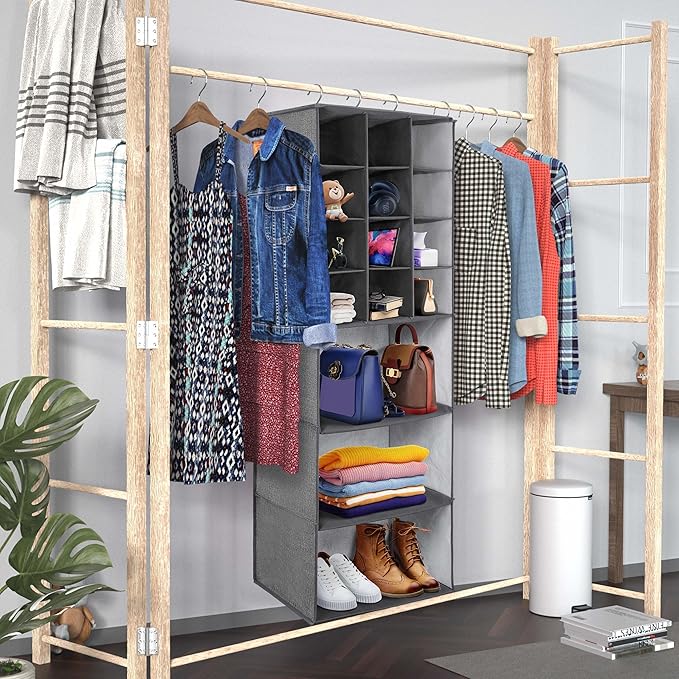 Libeder Shoe Organizers for Closet, 15 Shelf Hanging Closets Storage Shelves,12 Rack Organizer 3 Large Compartment for Clothes, Space Saving for Shoes with 3 Metal Hook(Grey)