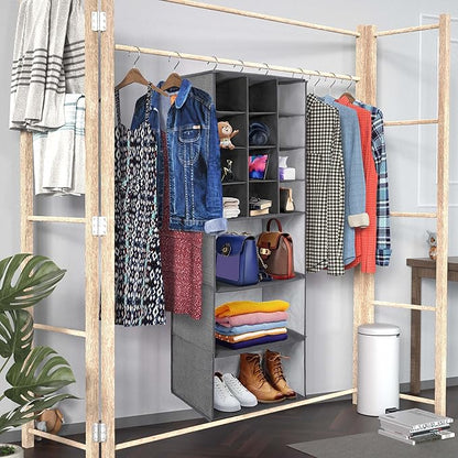 Libeder Shoe Organizers for Closet, 15 Shelf Hanging Closets Storage Shelves,12 Rack Organizer 3 Large Compartment for Clothes, Space Saving for Shoes with 3 Metal Hook(Grey)