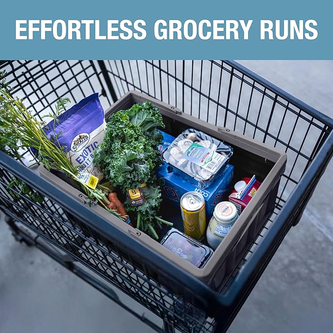 CleverMade Collapsible Shopping Basket 32L – Folding Grocery Basket with Handles, Stackable Reusable Storage Crate with 35 lb Capacity, Recycled Plastic, Car Trunk Organizer - Stone Gray