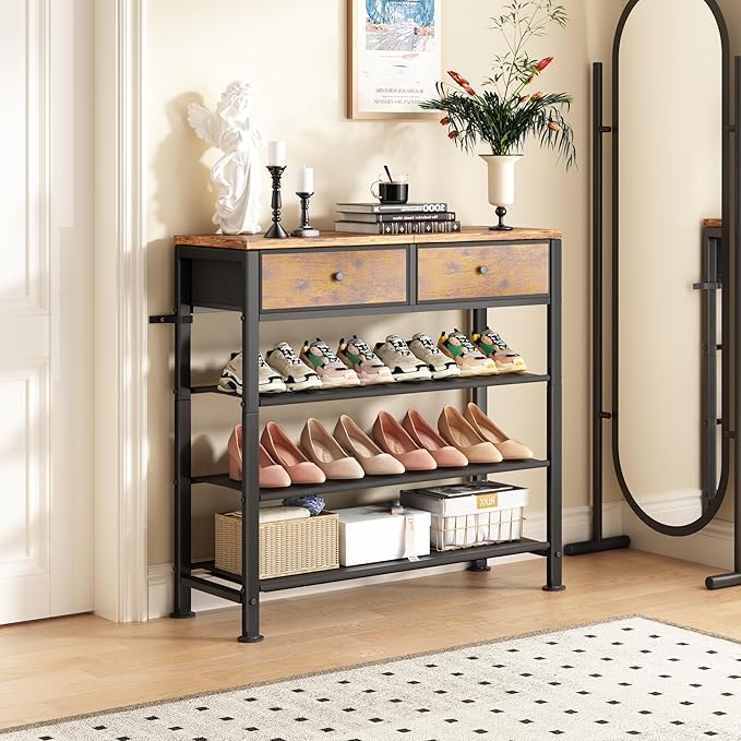 Kitstorack Shoe Rack, 4 Tier Shoe Organizer for 9-12 Pairs of Shoes, with 2 Drawers, 3 Fabric Shelves and Wooden Top, Shoe Rack for Closet Entryway, Rustic Brown