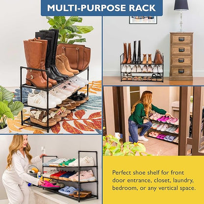 Sundaze Shoe Rack - 3 Tier Shoe Rack for Front Door Entrance, Sturdy Long Shoe Organizer for Closet, Bedroom, Entryway, Garage, Non Woven Fabric Shelf, Black, Holds Up to 15 Pairs