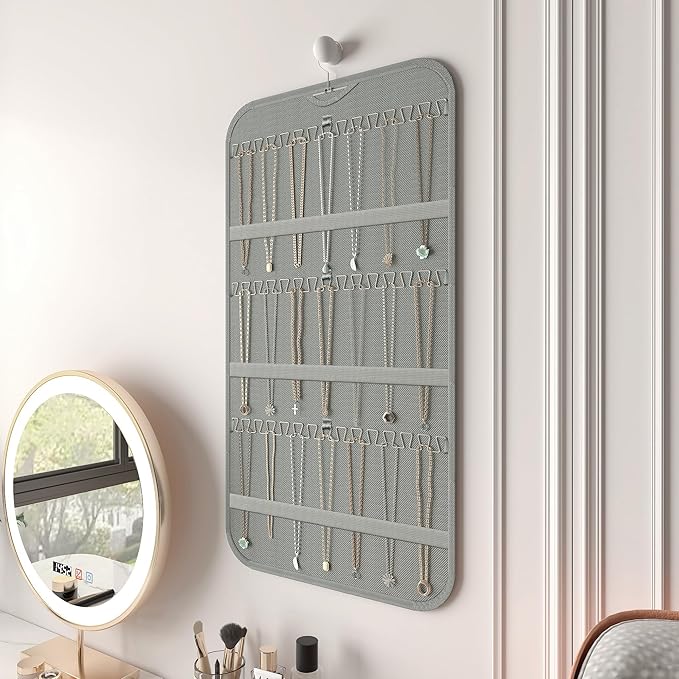 2-Pack Hanging Jewelry Organizer Storage, 40 Pockets 36 Hooks Necklace Earring Necklace Bracelet Ring Organizer, Double - Sided Design, Grey