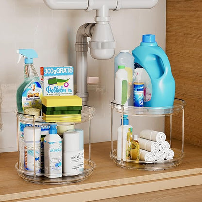 2 Pack 2 Tier Lazy Susan Turntable Organizer 9.25 inch, Rotating Spice Rack Organization for Cabinet, Bathroom, Pantry, Countertop, Kitchen, Vanity, Medicine Cabinet Organizer, Clear