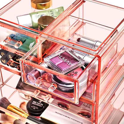 Sorbus Acrylic Makeup Organizer Set, 7-Drawer Vanity & Countertop Cosmetic Storage with Small & Wide Drawers, Pink Makeup Storage for Brushes, Lipsticks, Jewelry – Holiday Gift for Women & Teens