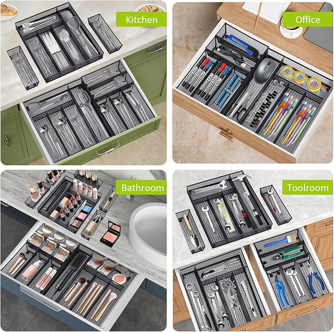 Neudeco Drawer Organizer Set 6 Pack - 5-Compartment Silverware Organizer Tray + 5 Utensil Trays, Kitchen Drawer Organizer for Flatware, Cutlery, Office Supplies, Black Mesh, Non-Slip.