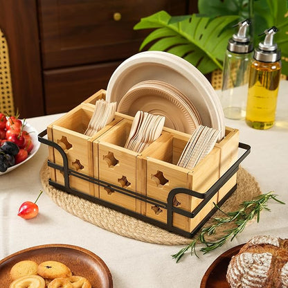 Silverware Caddy Wood Utensil Holder Silverware Utensil Caddy Cutlery Flatware Paper Plate Dispenser Organizer for Spoons Forks Plates Napkins (Star)