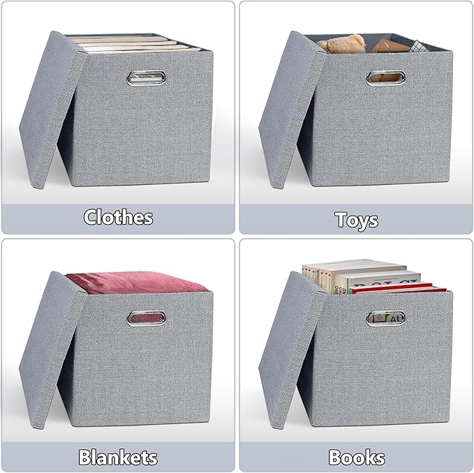 Storage Bins with Lids,13 x 13 Inch Foldable Fabric Cube Baskets Boxes Organizer for Closet, Shelves, and Home. (Gray, (13x13) 2 pack)