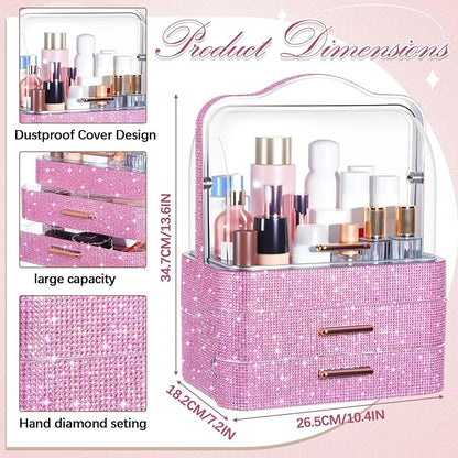 Honeydak Bling Makeup Organizer for Mothers Day Nurses Day Birthday Gifts Rhinestone Cosmetic Display Cases with Transparent Cover, Skincare Perfume Organizer for Countertop, Desk(Pink,Rhinestone)