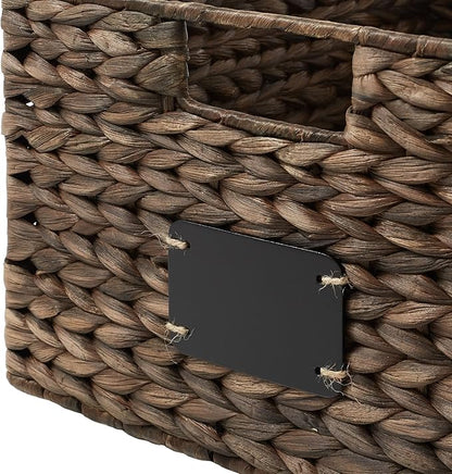 Casafield Set of 2 Water Hyacinth Pantry Baskets, 12-1/2" x 17" x 8", with Chalkboard Labels and Chalk Marker - Espresso, Woven Storage Bin Organizers for Kitchen Shelves